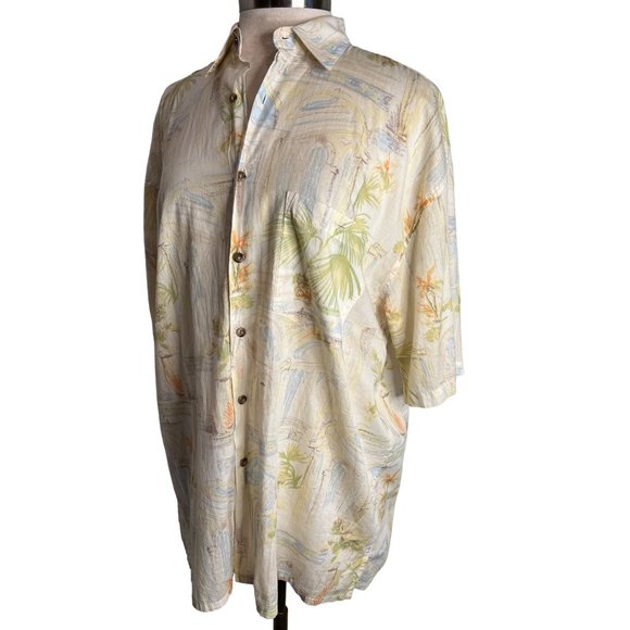 Bamboo Cay Men’s large button front top short sleeve collar Hawaiian print yello - Picture 2 of 12